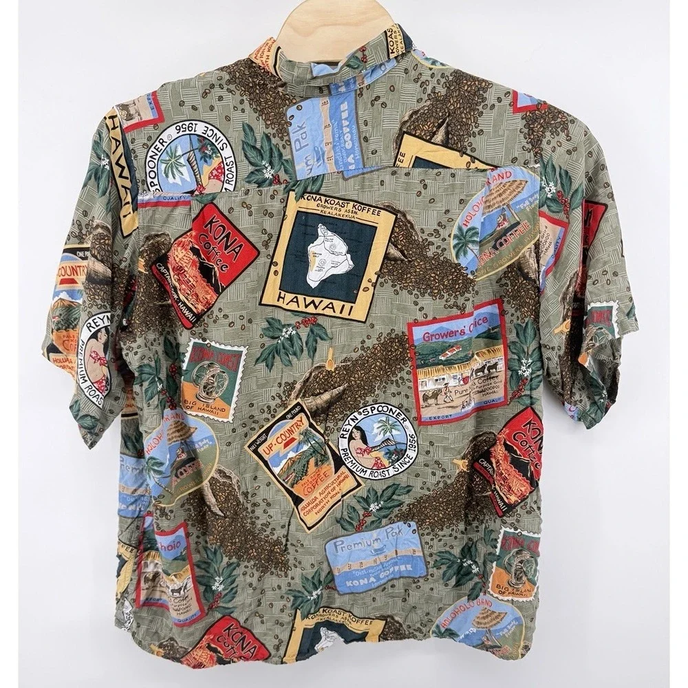 Reyn‎ Spooner Polo Shirt Full Cut 2XL Kona Coffee Bean Postcard Hawaiian